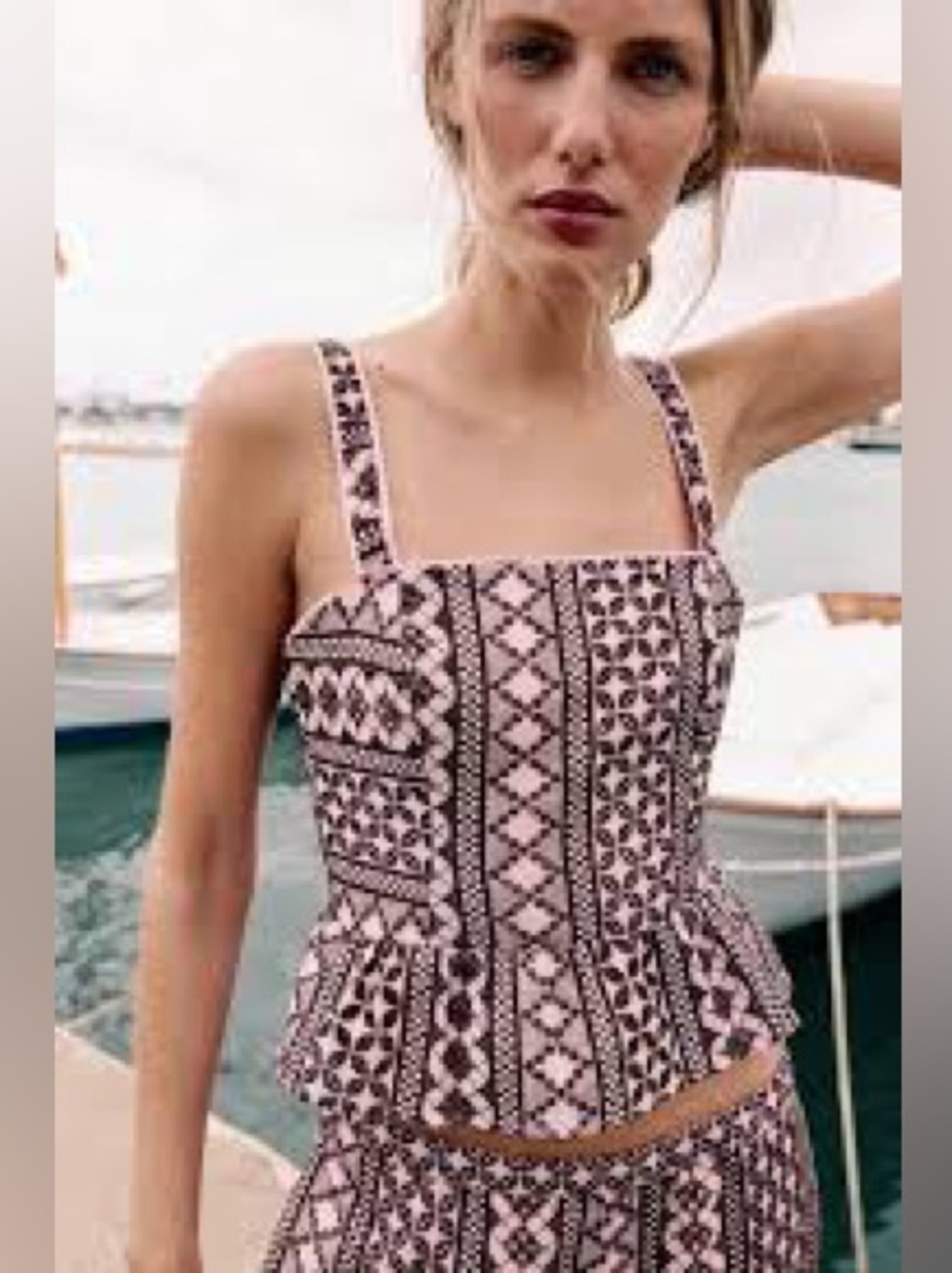 NEW Zara embroidered eyelet top Pink Brown Tie Back Sz M